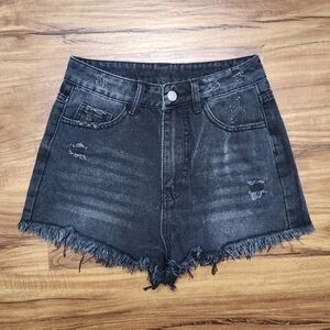 Shein Black Ripped Raw Hem Denim Shorts Size Xsmall